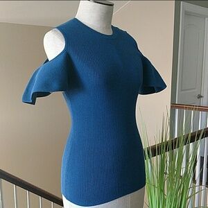 Laundry Shelli Segal Top Cut Out Shoulder Flutter Short Sleeve Knit Blue M NWT